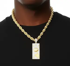 MaxBling81 Men's $100 Bill Money Motif Oversized Cubic Zirconia Pendant & 8mm 24in Textured Rope Cuban Chain Necklace, High-Quality Polished, Daily Wear Necklace, Ideal Mens Gifts & Boyfriend Gifts Ideas (8034)