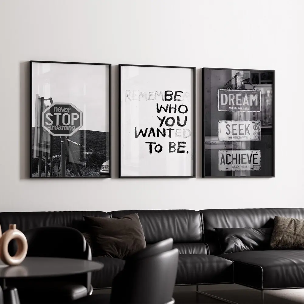 Motivational Road Sign Wall Art Set of 3, Dream Seek Achieve Poster, Remember Who You Wanted To Be Print, Industrial Digital Download Art