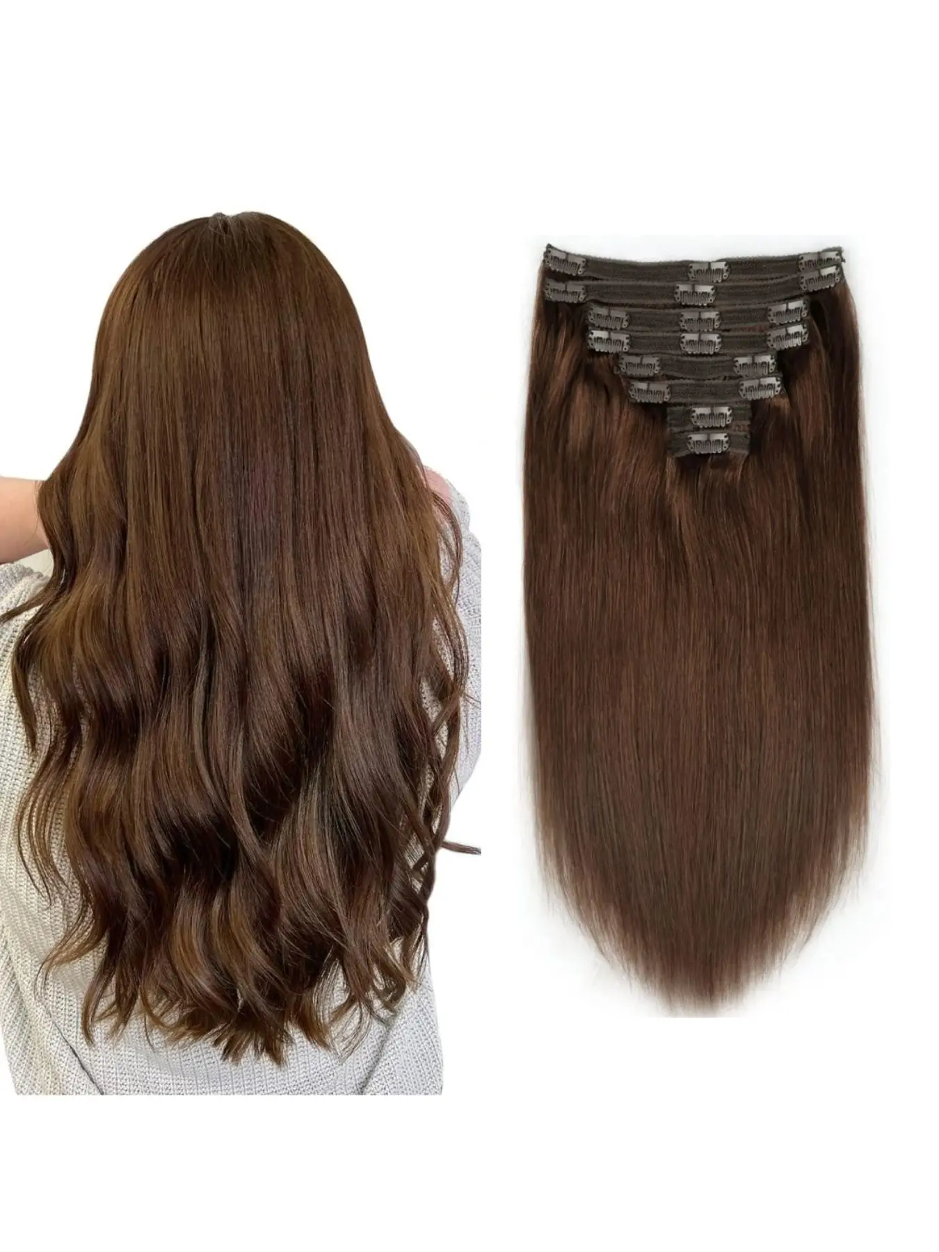 8pcs Brazilian Remy, Real Remy Hair, Premium Human Hair Clip-In Extensions Set - Straight #4 Light Brown, Medium Length, Natural Look & Lustrous Finish, Seamless Blending, Easy to Apply for Women & Men, Volume & Length, Damage-Free Hair Enhancement