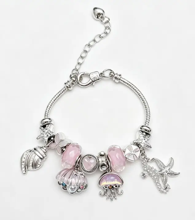 Pink Ocean Sea Themed Charm Bracelet, Silver Snake Chain Bracelet with Jellyfish, Seashell, Starfish, Mermaid Tail Pink Crystal Beads, Adjustable Mermaid Ocean Dangle Charms Bangle Jewelry Gift for Women Girls