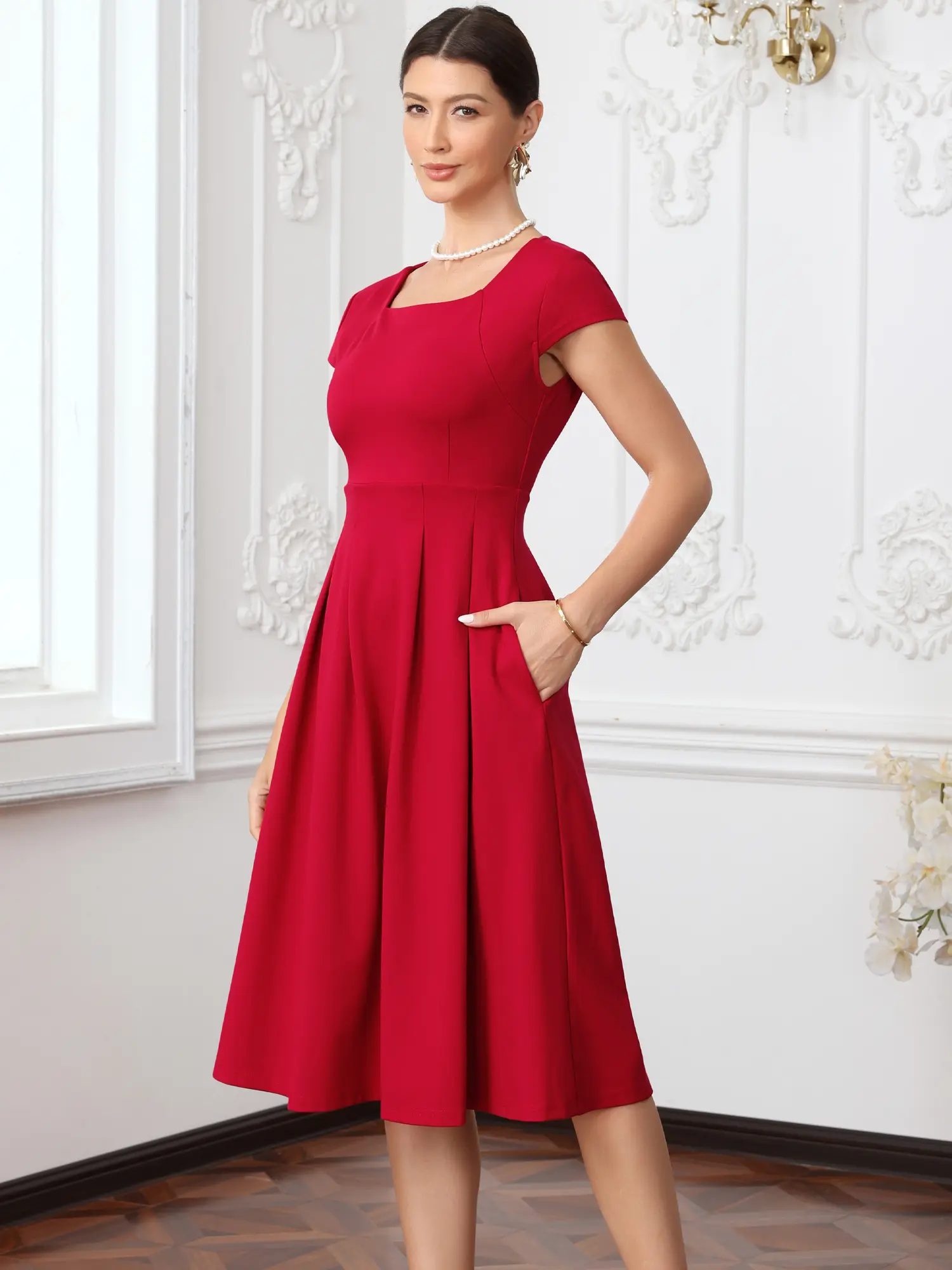 INSPIRE CHIC Vintage Work Dresses for Women Square Neck Cap Sleeve A Line Church Formal Cocktail Dress