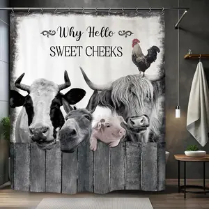 Kalmico Farmhouse Animal Farm Funny Shower Curtain 60Wx72L Inch Bull Cow Pig Donkey Rustic Country Bathroom Set Accessories Decor Polyester Waterproof with 12 Pack Hooks