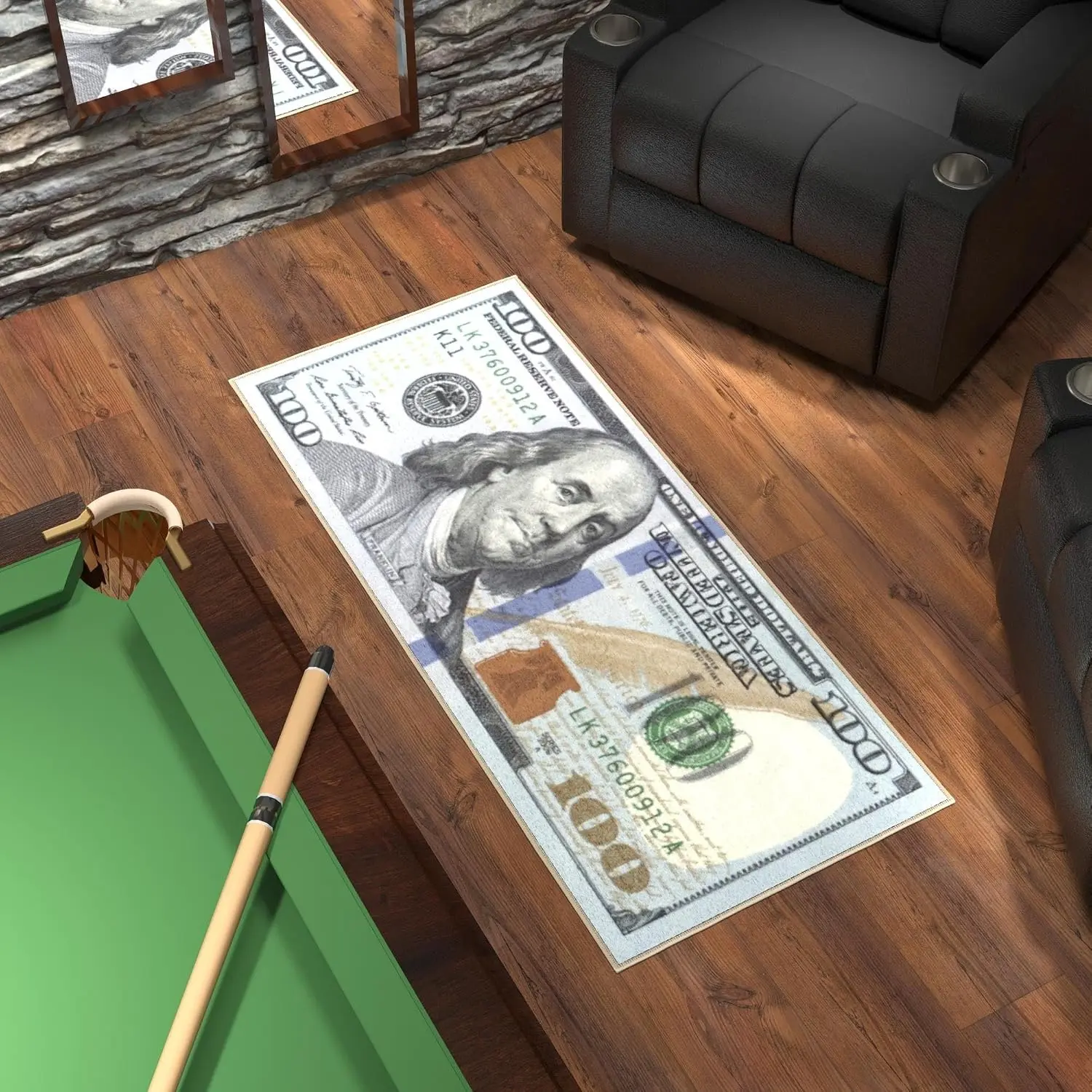20" x 53" $100 Bill Money Rug - Durable & Non-Slip Area Rug - Fun & Eye-Catching Decor for Bedroom, Office, Game Room & Man Cave - Unique Gift for & Trendy Home Decor, Multicolor