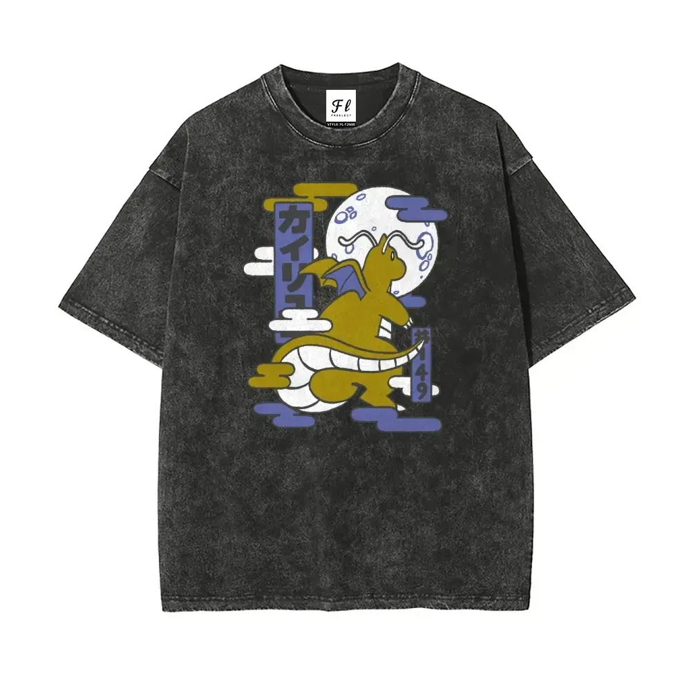 Men's Vintage Graphic T-Shirt with Ukiyo-e Dragonite Print, Soft Washed Cotton, Unisex Oversized Anime Streetwear Top, Tshirt, Mens Clothing tee