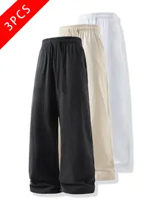 summervibes 3-pack men’s summer casual long pants made of pure cotton–linen blend, loose straight-leg athletic pants, lightweight, comfortable, breathable, simple versatile design