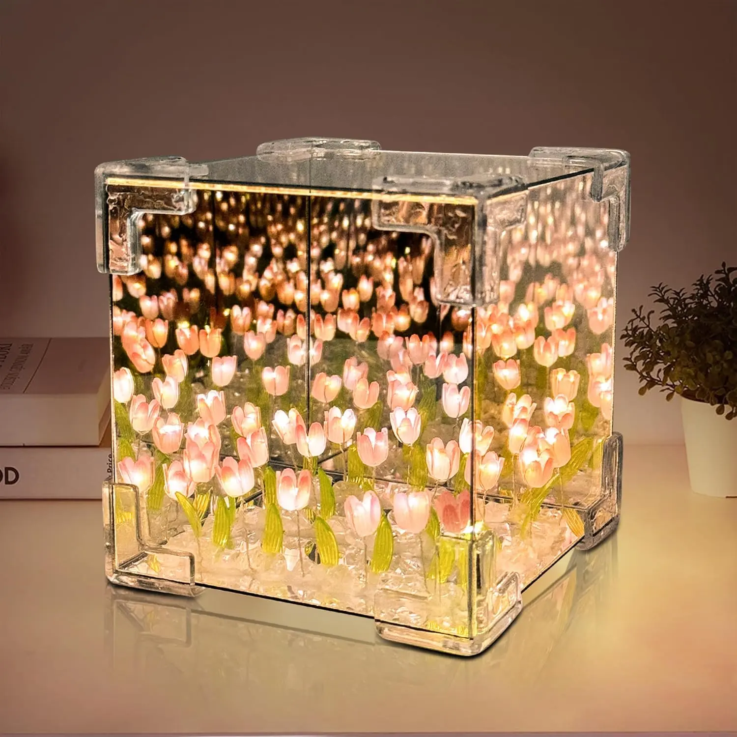 Handmade Tulip Night Light 2Pcs LED Mirror Lamp with Gift Bag DIY Decorations Lights Artificial Flower Bedside Table Lamp Creative Gift for Mom Teenage Girl Couple Friend, Mothers Day Gifts Ideas, Room Decor Modern Mood Lighting Led Lamp Beads