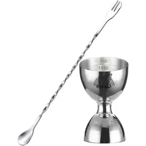 Cocktail Jigger for Bartending, Jigger with 1/2 Oz, 1 Oz, 1 1/2 Oz and 2 Oz Measuring Marks, Stainless Steel Bar Tools, Cocktail Measuring Jigger with Cocktail Spoon STFALI
