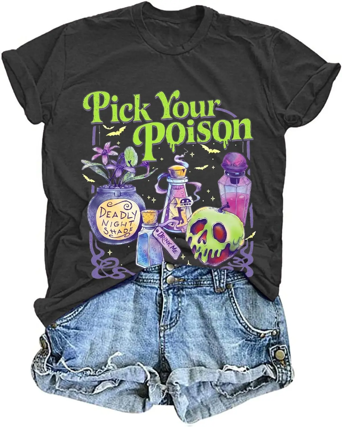 Female Casual Short-Sleeve Halloween Shirts, Regular Fit Machine-Washable Casual Wear with Evil Queen Print & Hocus Pocus Witch Designs (Sports Top)