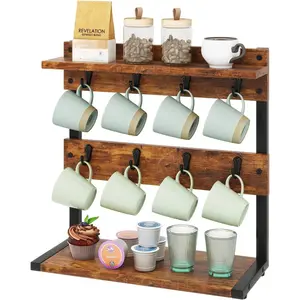 Rustic Coffee Mug Holder Stand, 2 Tier Countertop Mug Tree Holder Rack with Storage Base, Vintage Mug Holders for Kitchen, Holds 8 Mugs, Rustic Brown