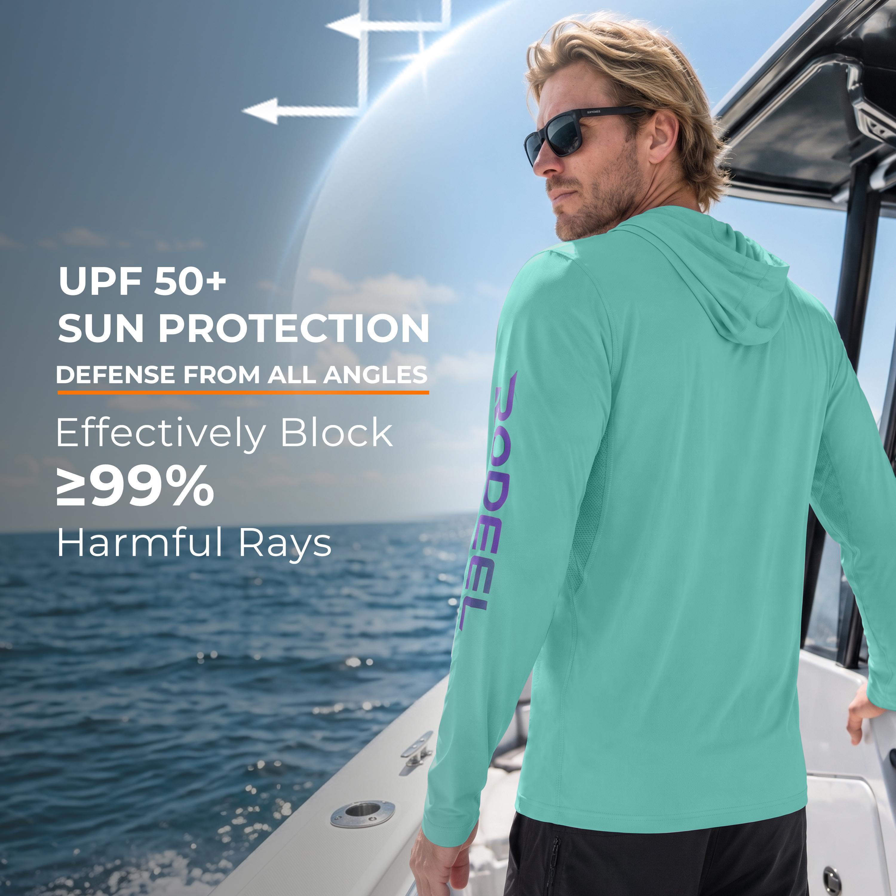 【RODEEL】962 Sun Hoodie Shirts w/ Thumbhole UV Detection Logo Men UPF 50+ Sun Protection Long Sleeve Lightweight Quick Dry Moisture Wicking Breathable Athletic Activewear for Outdoor Fishing Boating Hiking Construction SummerWins