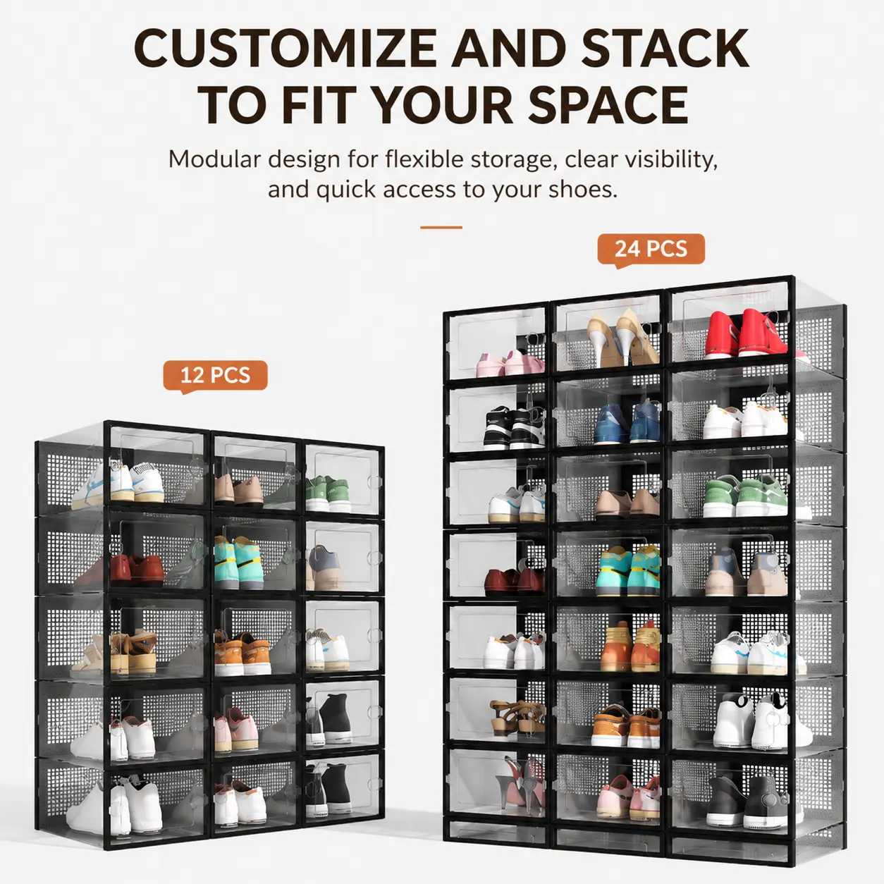 12/24 pcs Thick Transparent Shoe Boxes with Lids, Foldable and Stackable Shoe Rack, Space-Saving Storage Organizer - Customizable Combination, Plastic Sports Shoe Containers - Suitable for All Shoe Types - Ideal for Entryway, Bedroom, Home, Dormitory