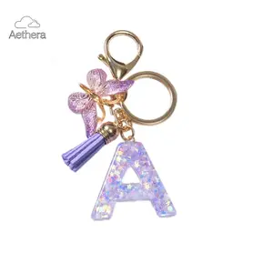 A-Z Initial Letter Resin Keychain with Purple Butterfly & Tassel Pendant, Cute Fashion Bag Charm for Women, Stylish Keyring Accessories for Handbag Decor, Perfect Personalized Gift for Daily Use