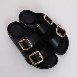 Women's Cork Black Slipper with Gold Buckles Flipflop - Stylish Simple Design for Summer Wear Girl Walking Shoes comfortable