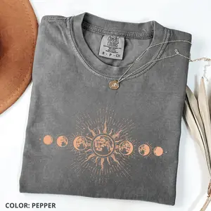 Comfort Colors Celestial Shirt, Moon Phase T-shirt, Boho Mystical Moon And Sun Tee, Graphic Printed Women's Tops