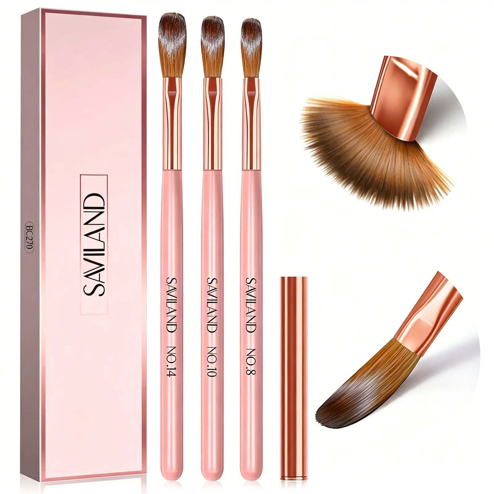 SAVILAND 3PCS Acrylic Nail Brush Set - Size 8/10/14 Acrylic Nail Brushes for Acrylic Application, Pink Handle Professional Acrylic Powder Brushes for Nails Extension & 3D Nail Carving Nail Art Nail Care