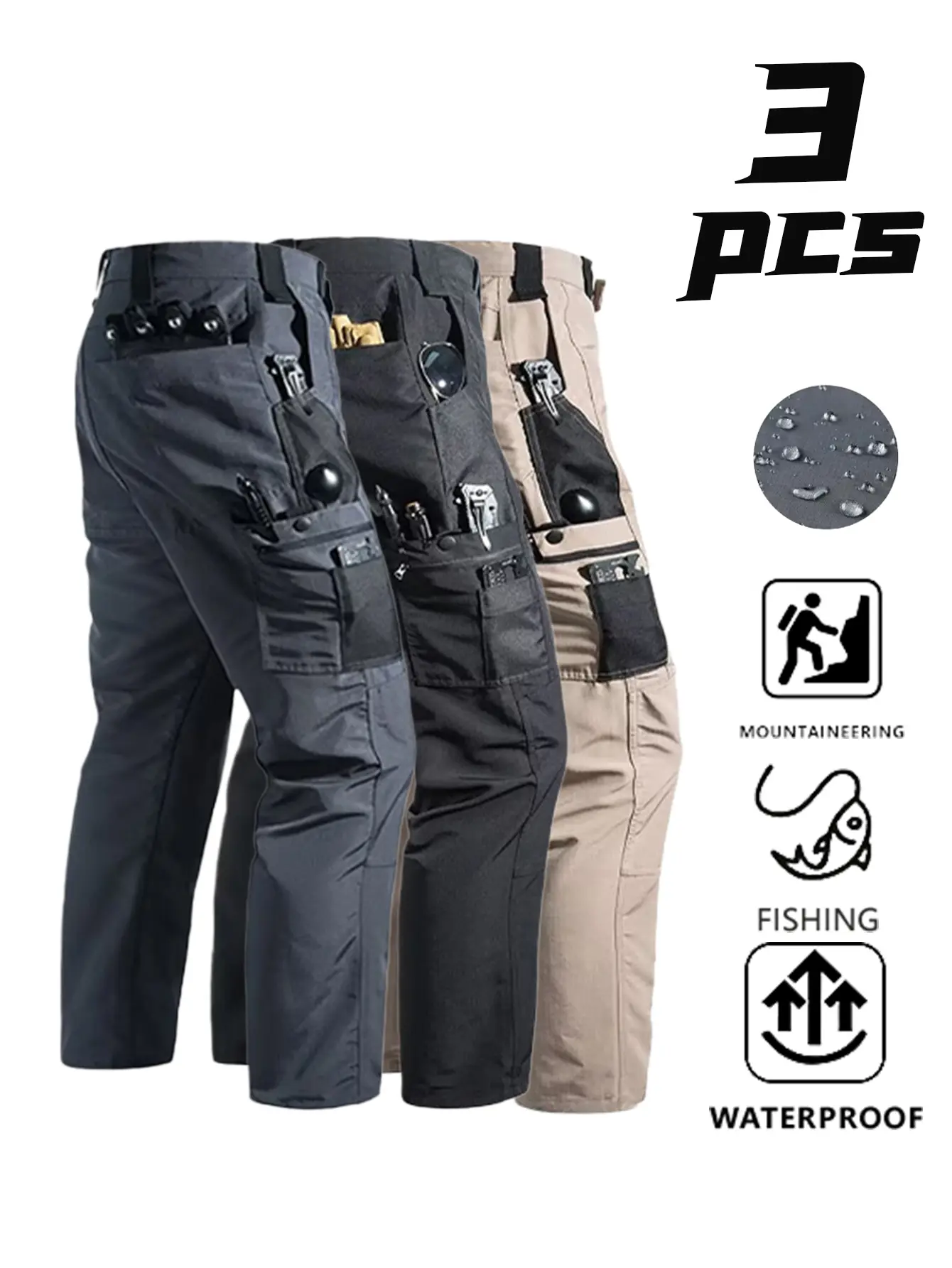 Men’s 3-pack multifunctional waterproof tactical cargo pants, tear-resistant quick-dry fabric, multi-compartment storage pockets, suitable for hiking, fishing, camping, workwear/jobsite wear, and everyday wear.