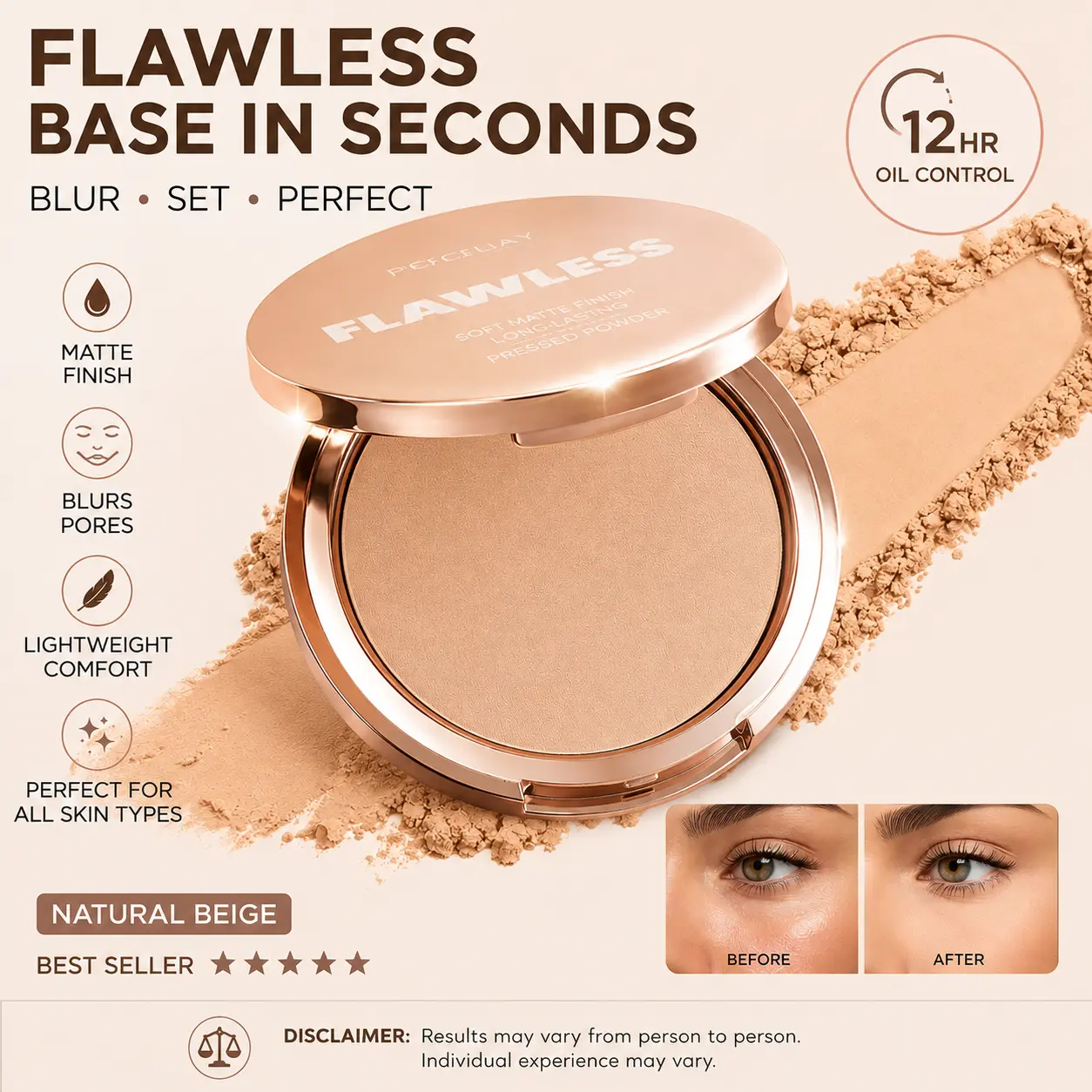 PHOFAY Flawless Soft Focus Matte Pressed Setting Powder, Oil Control Pore Blurring Compact Face Powder, Vegan Fragrance & Cruelty Free