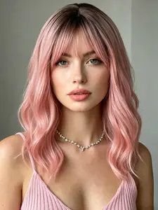 12 Inch Short Curly Pink Ombre Wig with Dark Root, Heat-resistant Synthetic Fiber Natural Look, Soft Material, Suitable for Daily & Party Use, Synthetic Hair Wig
