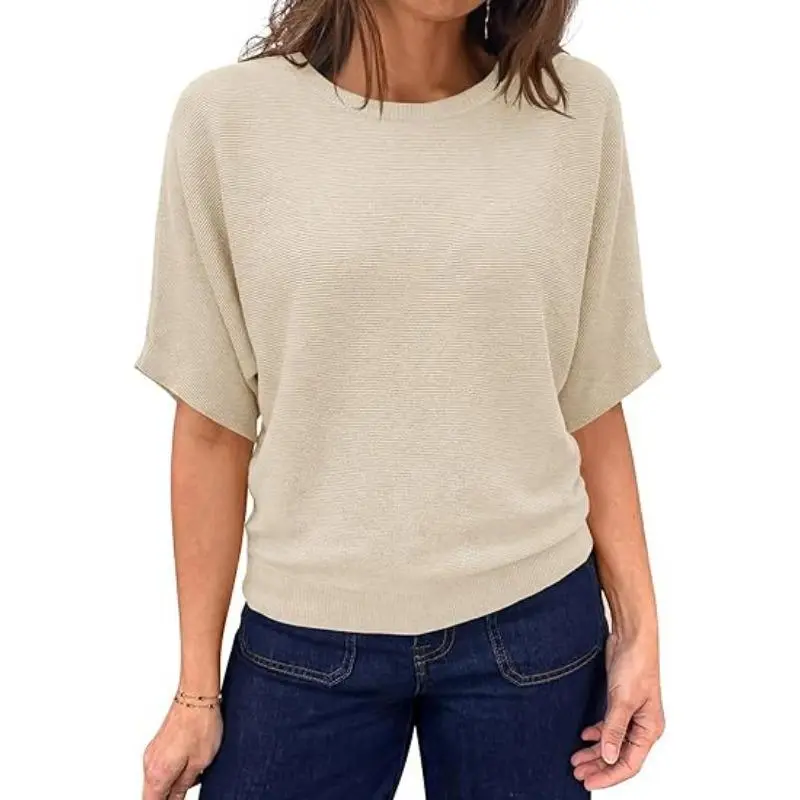 Imily Bela Womens Short Sleeve Sweater Summer Batwing Trendy Casual Boat Neck Lightweight Loose Fitting Knit Tops