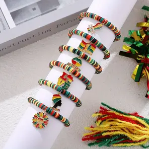Bohemian Multi-layer Colorful Clay Beaded Bracelet Set with Flower Flag Elements Jamaican African Style for June Festival