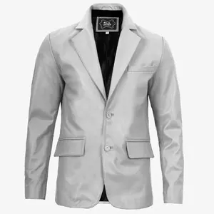 Premium Men’s White Real Leather Blazer Jacket – Tailored Fit Business Casual Outerwear