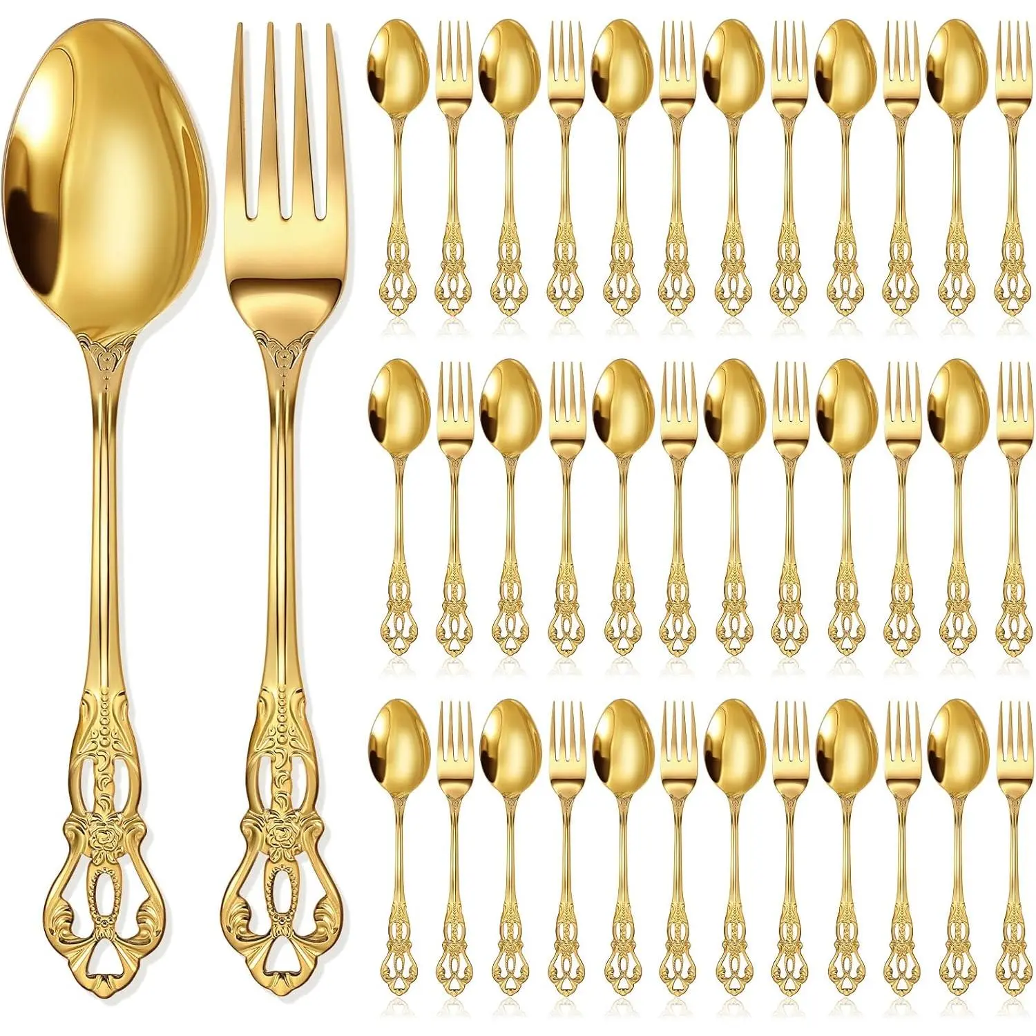 Retro 40-Pc Gold Cutlery Set - 8-in Stainless Steel Tableware, Mirror Polished, Dishwasher Safe Utensils for Wedding, Home Use