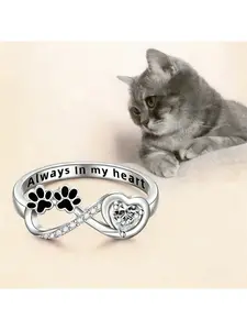 925 Infinity Ring for Women: Paw Print & Heart CZ Design, Adjustable Animal Lover Jewelry - Daily Casual Fashion Accessory for Pet Memory