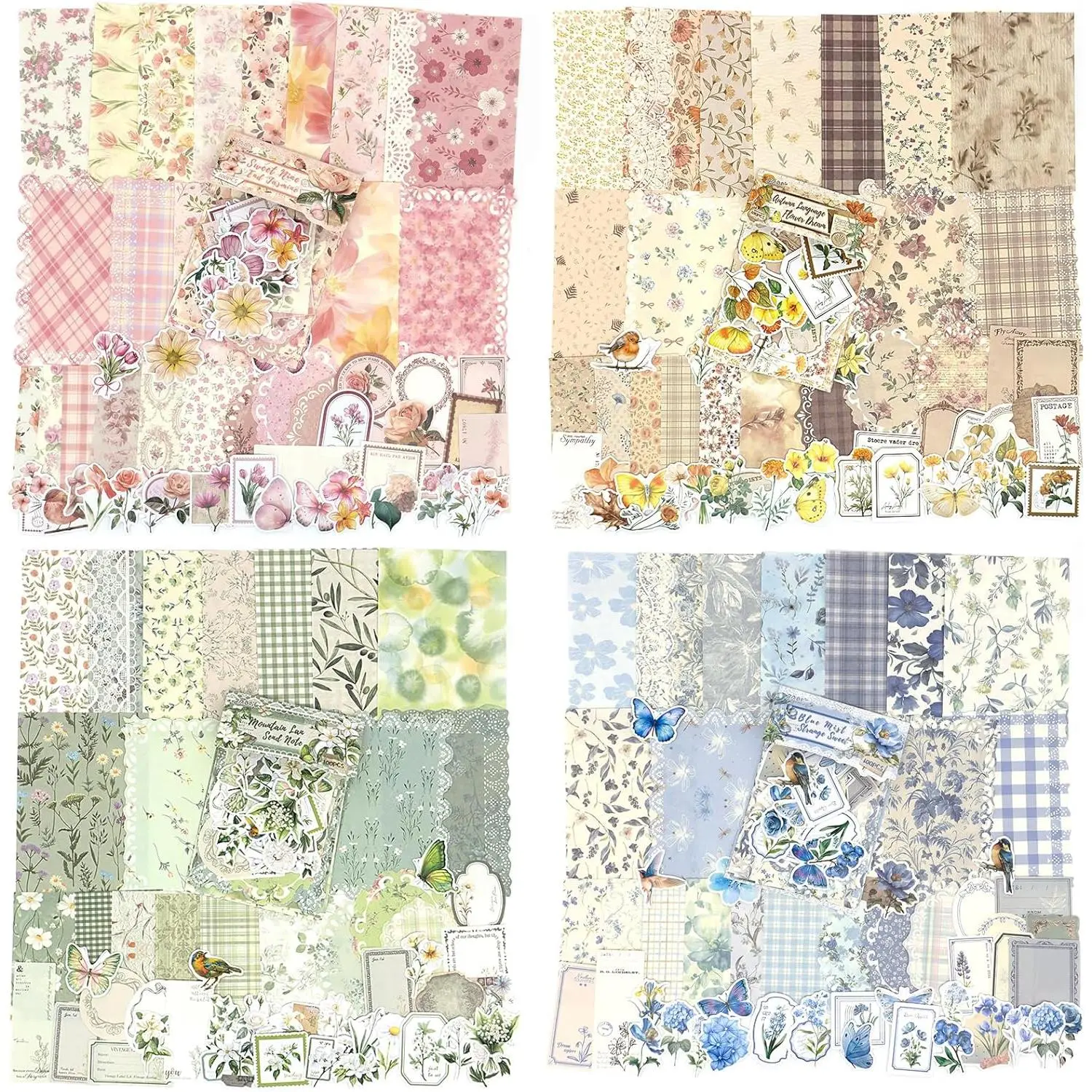 Scrapbook Supplies Kit - 400 count  Floral Scrapbook Paper & Junk Journal Stickers, 4 Pack Journaling Supplies for  Journaling, Retro Crafts, Planner, Mixed Media, Collage Card Album