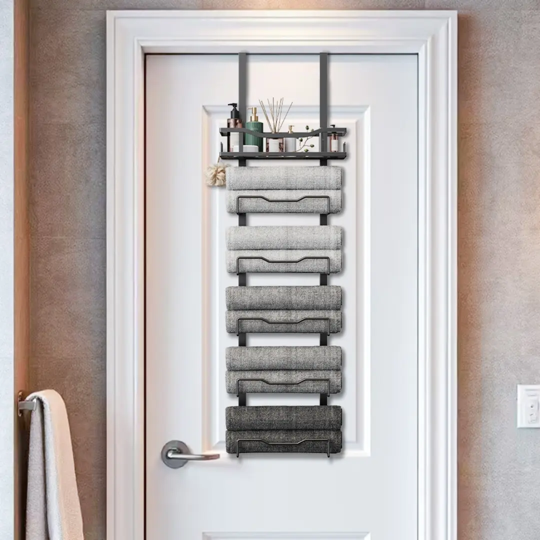 No-Drill Bathroom Organizer! 6-Tier Over-Door Towel Rack with Storage Basket. Maximize Small Space & Declutter Fast. Easy Install, Holds Everything! Black