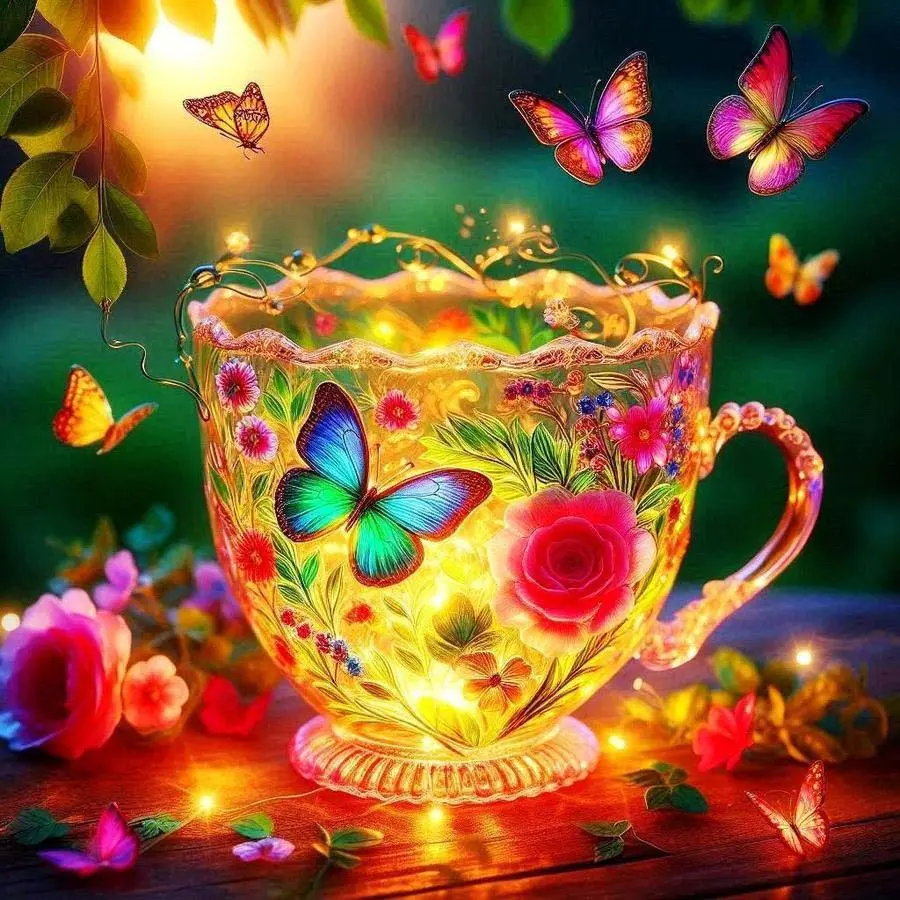 1pcs 5D DIY diamond painting set, 5D diamond art set, animation, butterfly, flower, teacup diamond painting set with full round diamonds DIY, mosaic, diamond art, DIY art home decoration, gift.