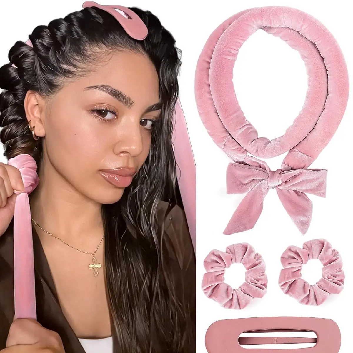 Heatless Curls Overnight, Soft Heatless Hair Curler, No Heat Ribbon Wrap, Heatless Curling Rod, Heatless Curling Set for Long & Short Hair, Includes Scrunchies & Clip, Heatless Styling Kit, Heatless Curlers