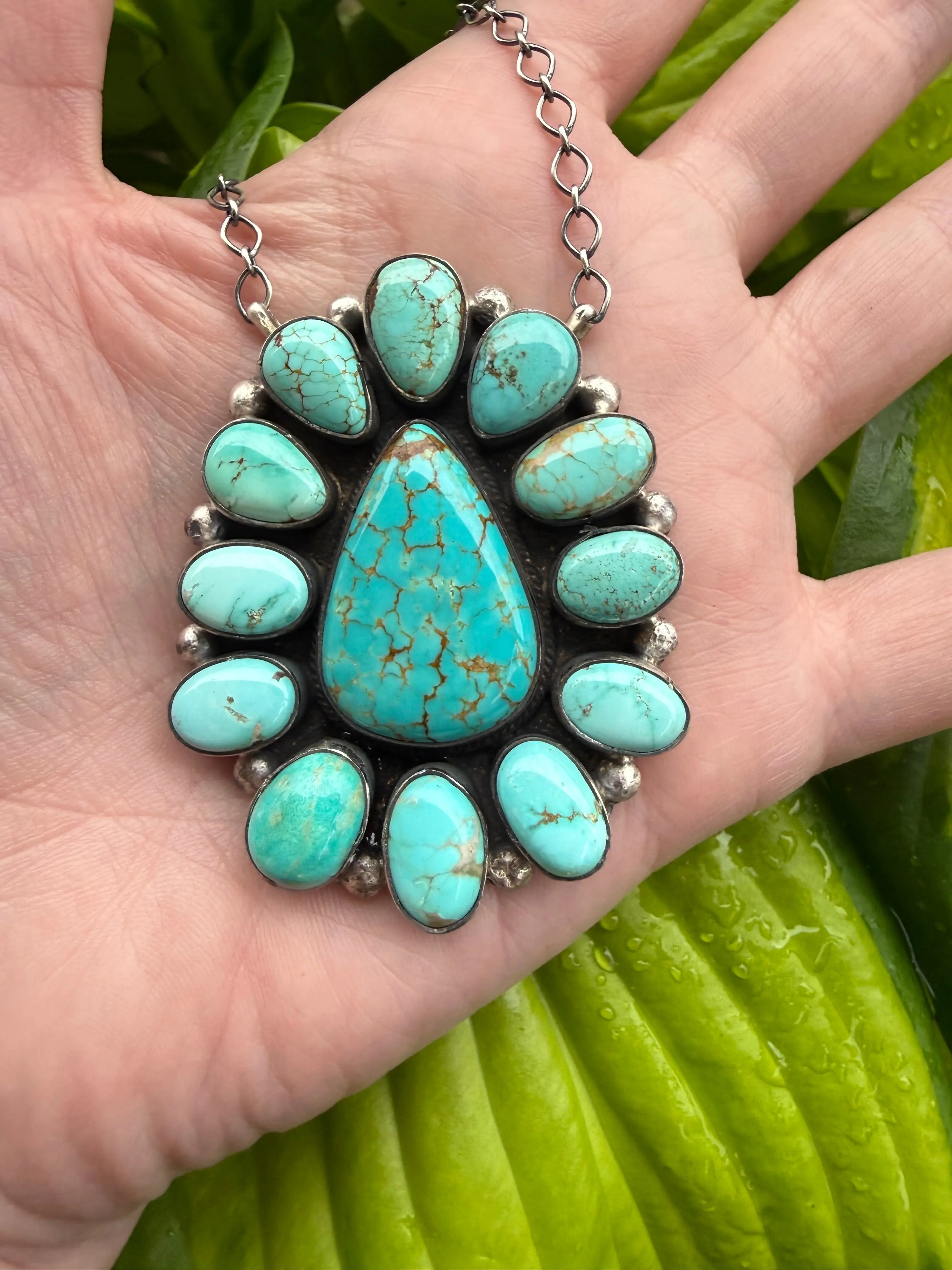 Navajo Royston Turquoise Full Flower Cluster Sterling Silver Necklace by Lorenzo Juan