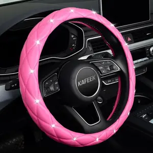KAFEEK Diamond Leather Steering Wheel Cover 15 Inch Bling Rhinestones Anti-Slip Black Pink White – Stylish Gift