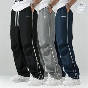 Men's 3-Pack Summer Joggers | Lightweight & Soft | Gold Side Stripes | Loose Straight Fit | Street Style / Workout / Chilled Look | Black / Grey & Other Colours SpringStatements/ Colorblock Embroidered Sweatpants/Baggy Wide Leg Sweatpants