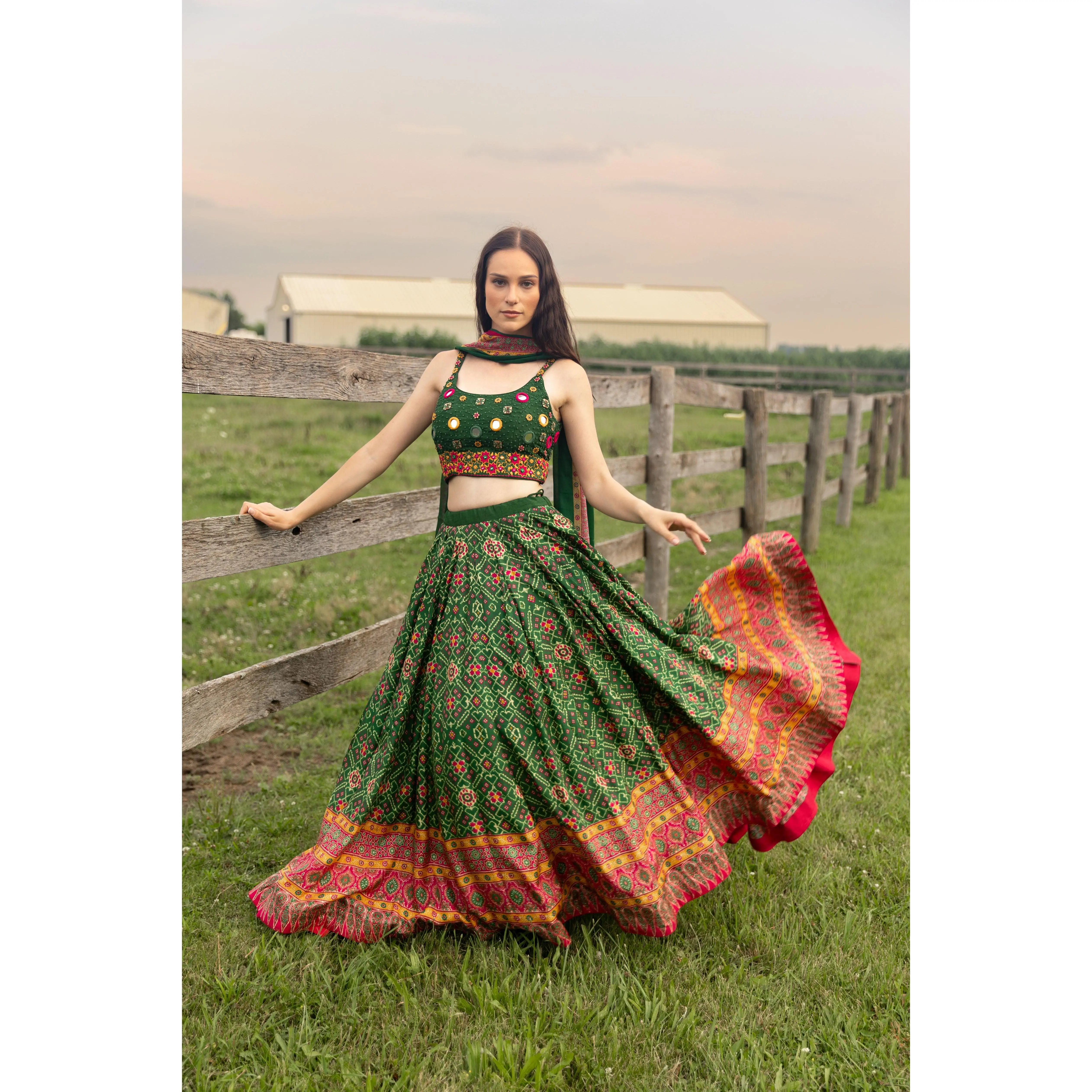 Eliz Green Patola Print Green Chaniya Choli with Mirror Work