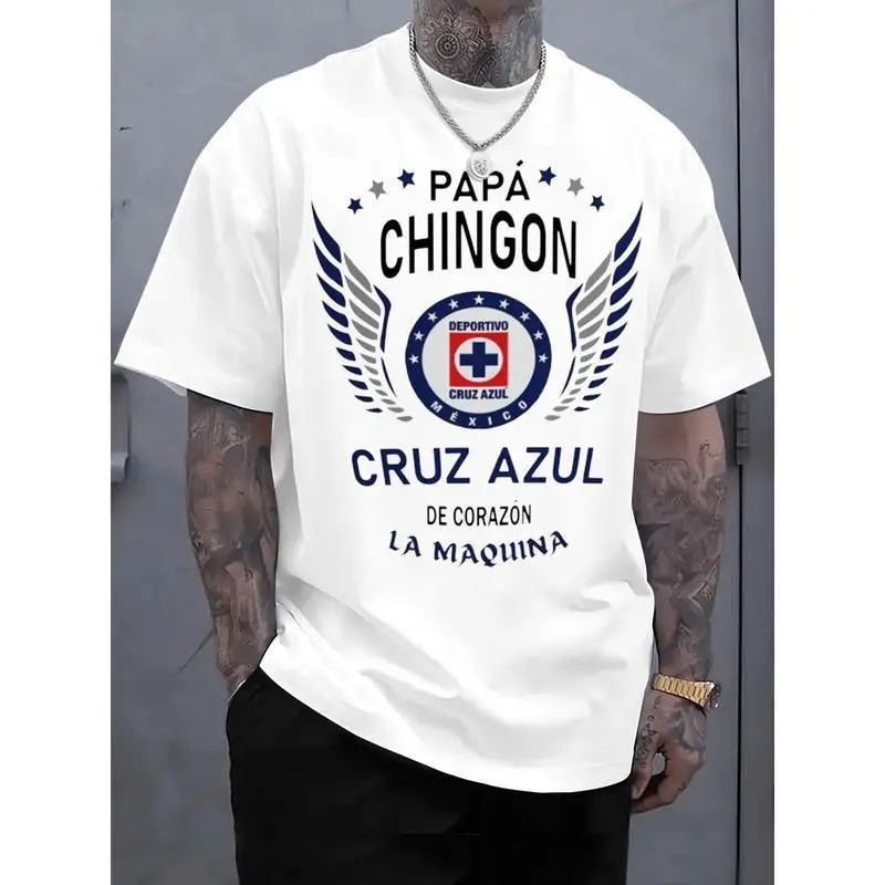 SageSprint Cruz Azul "Papa Chingon" Graphic T-Shirt - Premium Cotton Men's Shortleeve Sports Top, Oversized Casual Summer Streetwear, Father's Day Gift for Soccer Dads, Shortsleeve, Tshirt, Menswear
