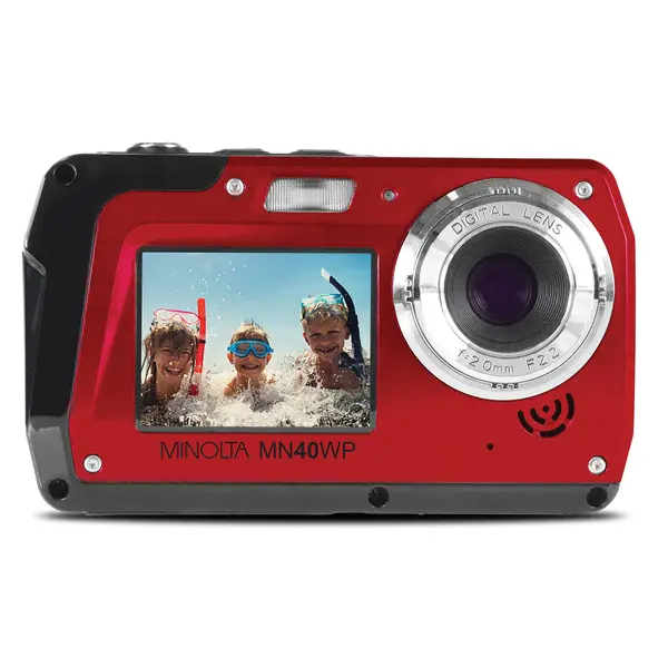 Minolta MN40WP-R 48 MP Waterproof Point & Shoot Digital Camera - Red, LCD Display, 16x Digital Zoom, Rear Memory Storage, Wrist Strap, AC Adapter, USB Cable