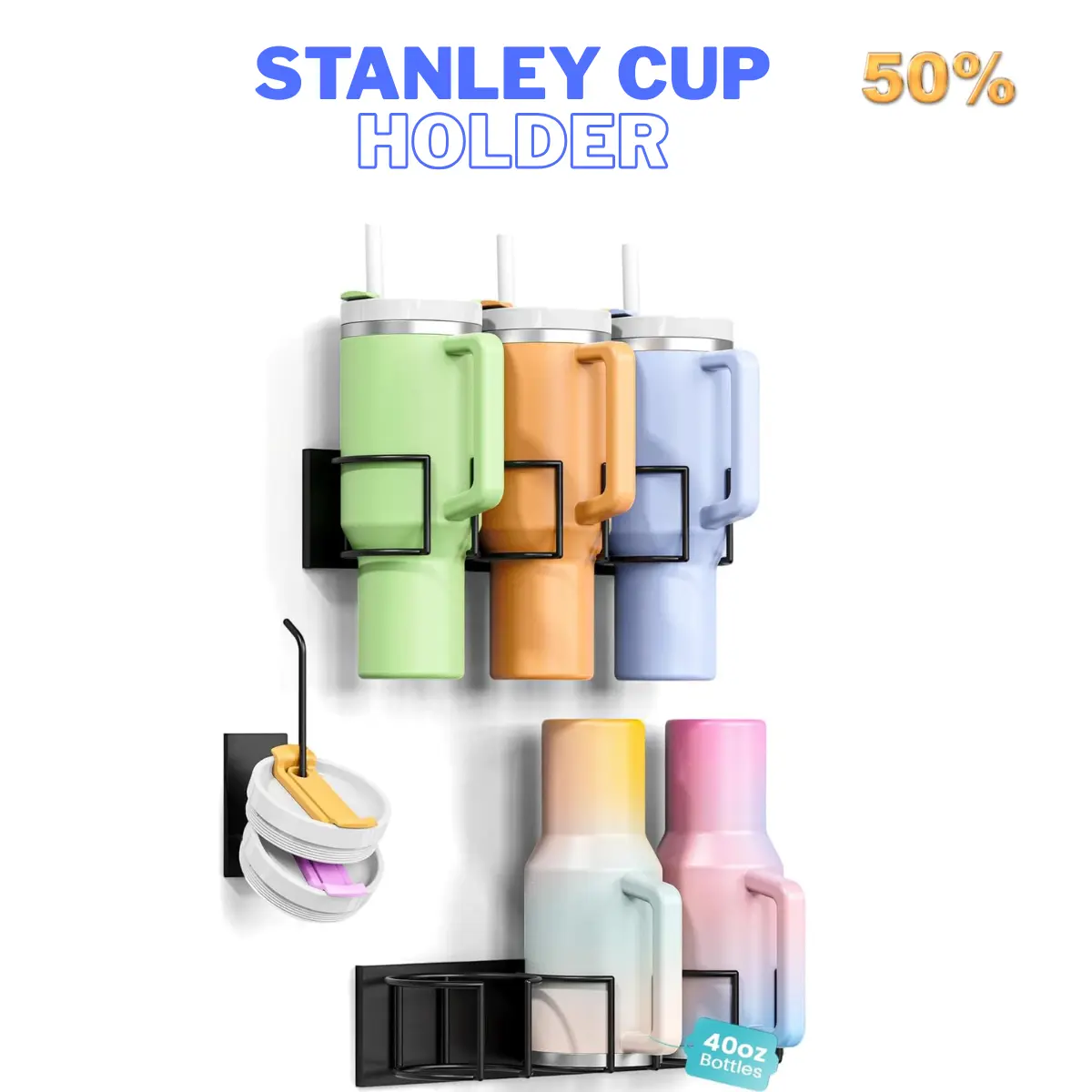 Magnetic Stanley Cup Holder for Refrigerator, Water Bottle Organizer with 2 Holders & 1 Lid Rack for Stanley 40 oz, Tumbler Lid Organizer for Stanley Cup Accessories, Ideal for Gifts