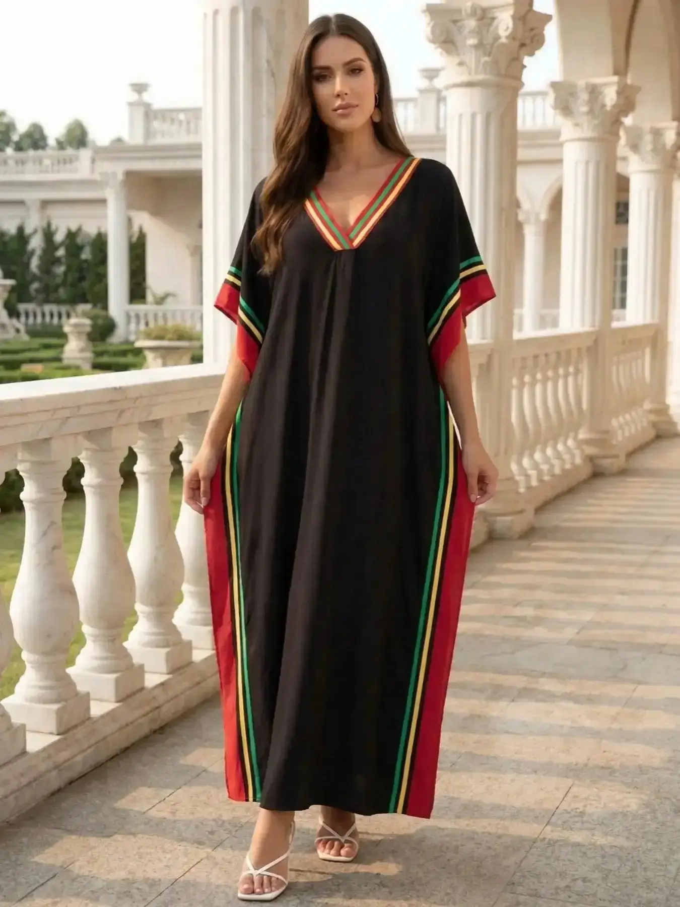 Striped Kaftan Dress cozy House robe Muumuu Outfits Moo Dress Vacation Relaxed Beach wear Leisure wear Versatile Cover up Daily wear Homewear Boho Casual Dress Q1615, Snuggle Ready, Easy Care, Sleep Comfort