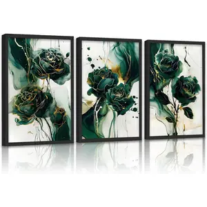 3Pcs Abstract Green And Gold Canvas Wall Art Modern Rose Floral Painting Picture Wall Decor Emerald Green Botanical Flower Poster Print for Living Room Bedroom Office Home Home Decoration Unframed