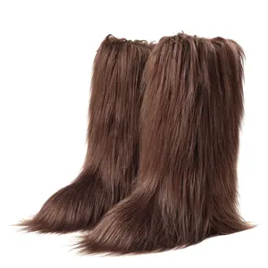 Womens Fuzzy Fuax Fur Knee High Boots Round Toe Flat Heels Pull On Fashionable Comfy Party Outing Casual Winter Booties
