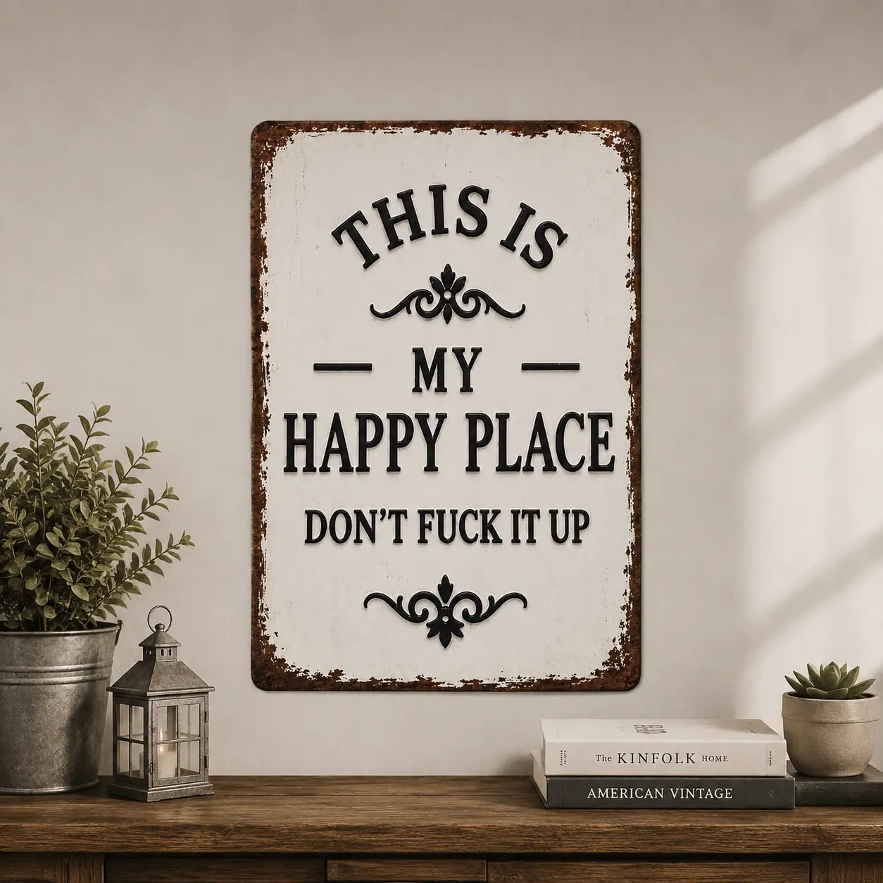 8x12 Inch Rustic Aluminium Rectangular Metal Sign - "This Is My Happy Place Don't Fuck It Up" Engraved Indoor Home Decor, Country Farmhouse Style Plaque for Living Room Home Supplies, Indoors