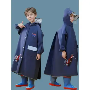 [Durable Raincoat] Durable EVA Youngsters' Dinosaur Hooded Raincoat |   All-Season Protection, Light Blue, Zip-Up, Book Pocket, Poncho