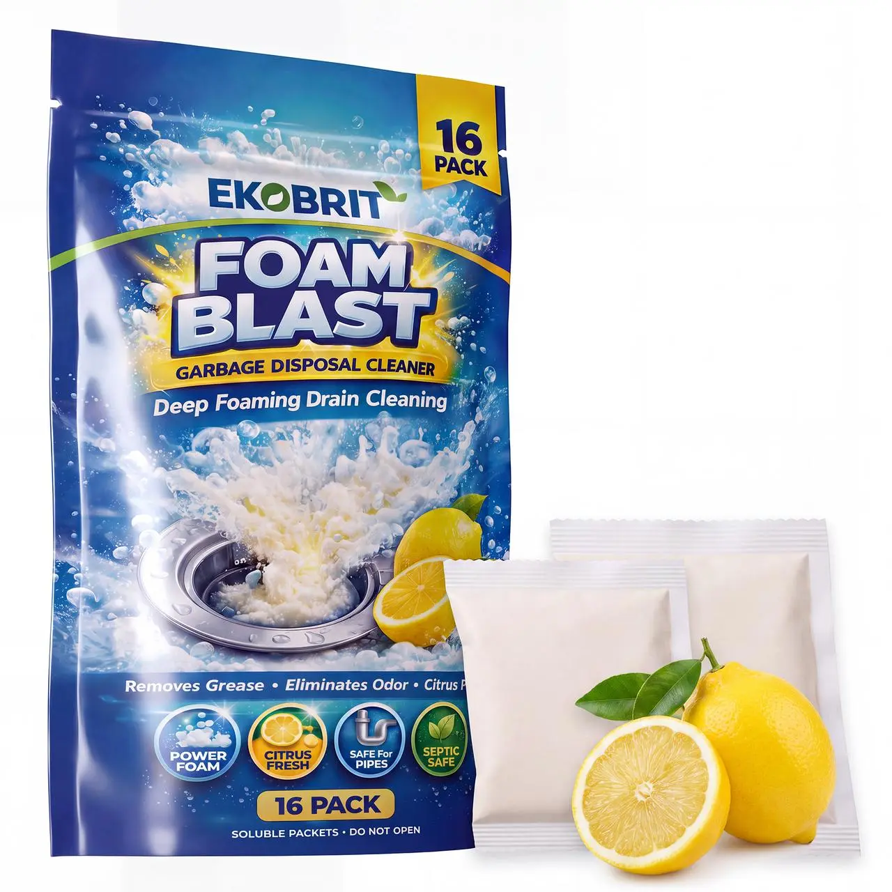 Garbage Disposal Cleaner Packets, Deep Cleaning & Descaling Pods for Kitchen Sinks, Remove Odor-Causing Residue & Keep Sink Fresh, 16 Count