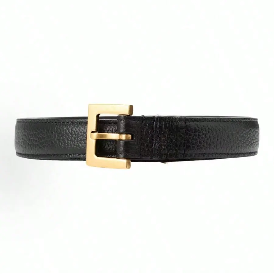 Black Leather Belt with Gold Buckle, Classic Textured Waist Belt for Women, Versatile Slim Belt for Jeans & Dresses