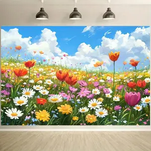 Rustic Theme Wooden Backdrop Banner - 1pc Summervibes Polyester Decor with Vibrant Wildflowers (Red Tulips, Pink Cosmos, White Daisies), Greenery, Fluffy Clouds - Reusable Wedding Party Backdrop for Birthdays,summervibes