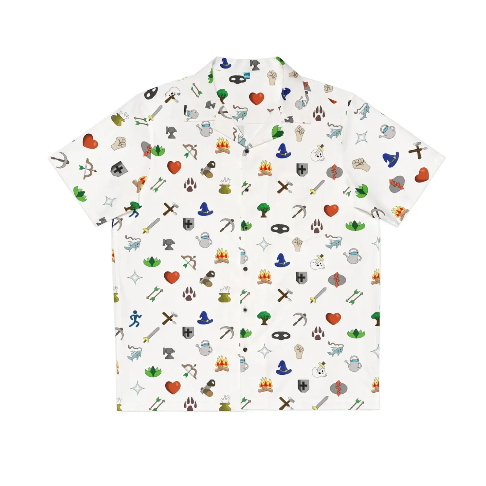 RuneScape Icon Pixel Hawaiian Shirt, Cozy MMORPG Game, Retro Fantasy Video Game Symbols, Cute Gamer Gift, RPG Adventure Shirt