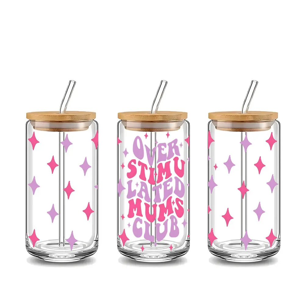 “Overstimulated Mums Club” Retro Font Design 16oz Glass Can Cup with Lid and Straw, Reusable Glass Drinking Cup, High-Quality Glass Jar for Iced Coffee, Juice, Cold Drinks, Trendy Fashionable Glassware, Perfect Gift for Moms, Coffee Lovers, Friends & Fami