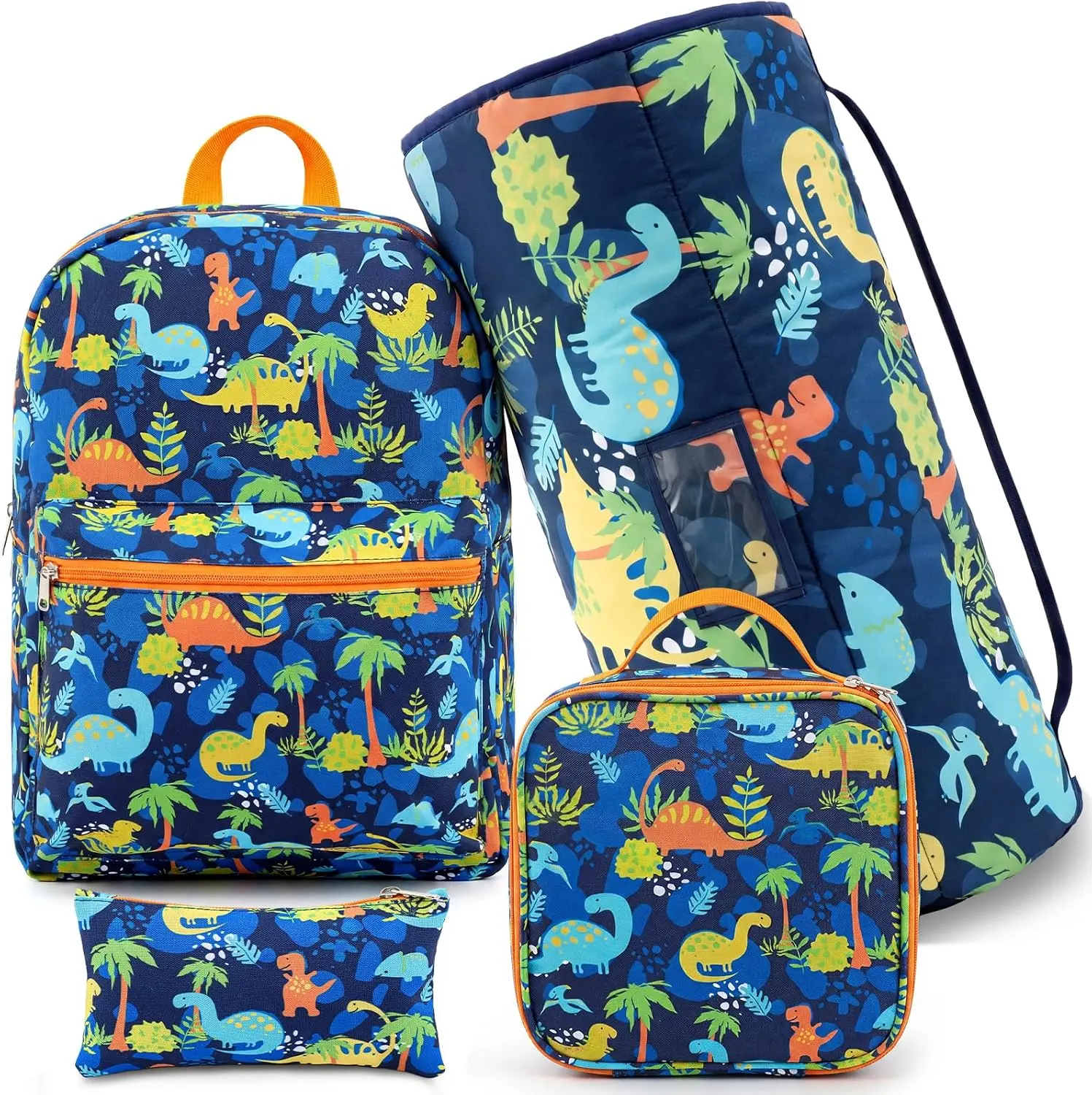 Wesiti 4 Pcs Kids Backpack Set with Nap Mat Lunch Bag Pencil Case, Preschool Back to School Supplies for Ages 3-12 Boys Girls(Green,Dinosaur)