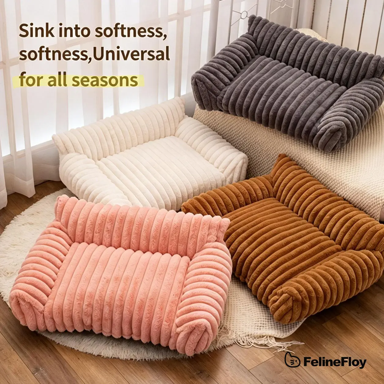 Fuzzy Fleece Pet Sofa Bed - 4 Styles, Premium Contemp. Softness, Thick Mat, Washable Removable Cover, Cozy Rest All-Season Indoor Cat & Outdoor Dog Furniture